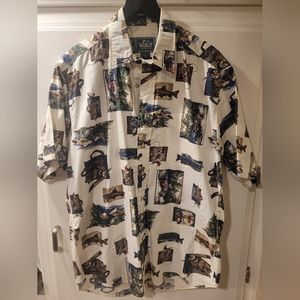 Vintage Woolrich Button Up Short Sleeve Shirt Mens Fishing All Over Print